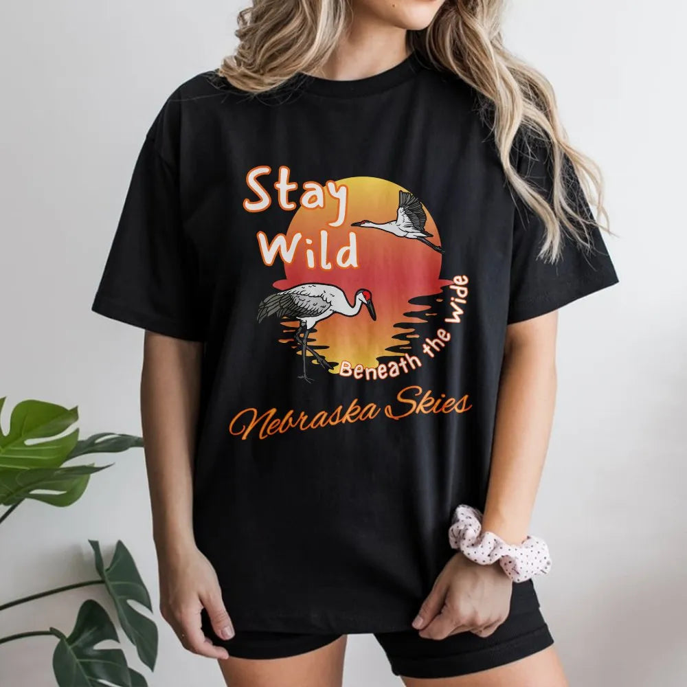 Nebraska Sandhill Crane T-Shirt | Stay Wild Sunset Graphic | Premium Cotton Tee | Gift for Nature Lover