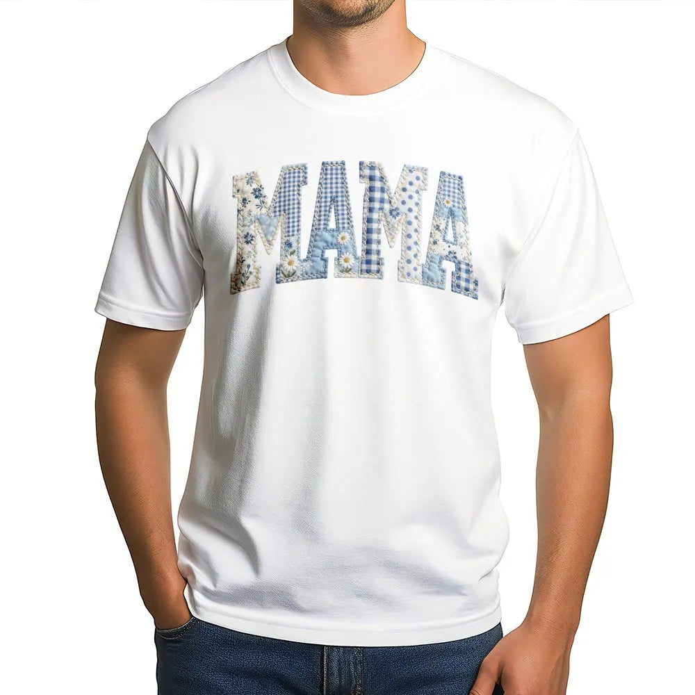 Mama T-Shirt | Blue Country Patchwork Print Letters | Premium Soft Cotton | Mother's Day Gift for New Mom