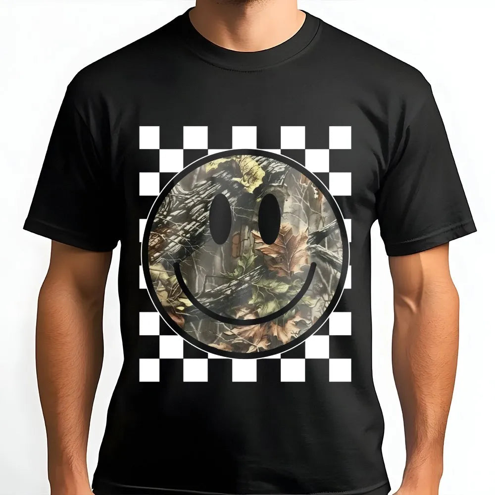 Camo Smiley Face T-Shirt | Checkerboard Graphic Print | Premium Soft Cotton | Western Cowgirl Gift for Her
