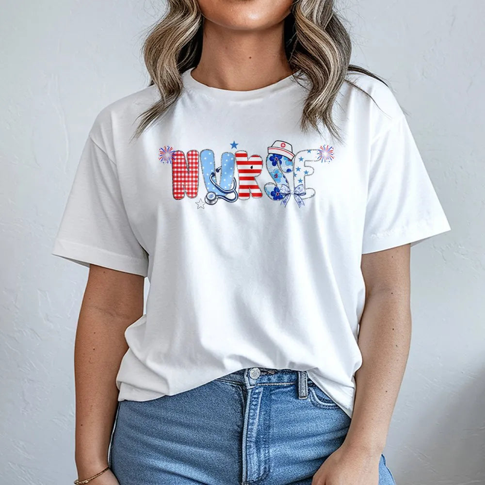 Patriotic Nurse T-Shirt | American Flag Nurse Graphic | Premium Cotton Blend | 4th of July Gift for Nurse