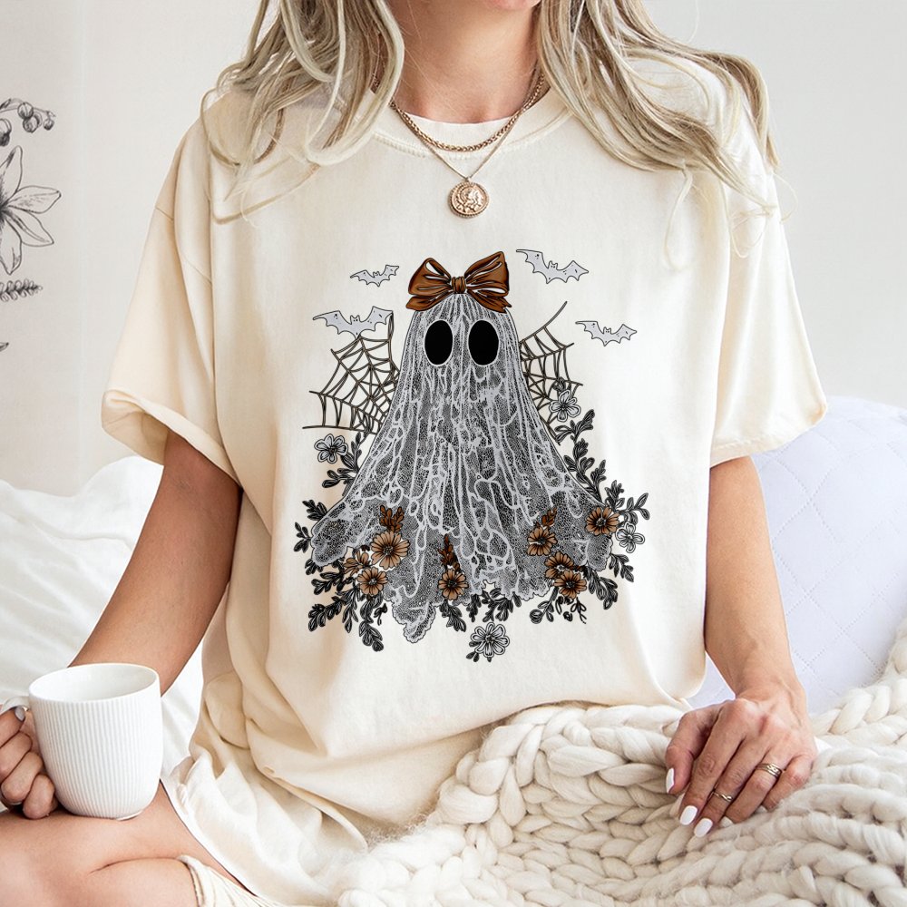 Lace Ghost T-Shirt | Cute Floral Halloween Design | Premium Soft Cotton | Spooky Aesthetic Gift for Women