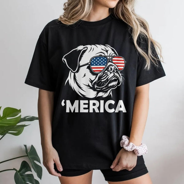 Funny Merica Pug Sweatshirt | Pug with American Flag Sunglasses | Cozy Unisex Pullover | Gift for Pug Owner