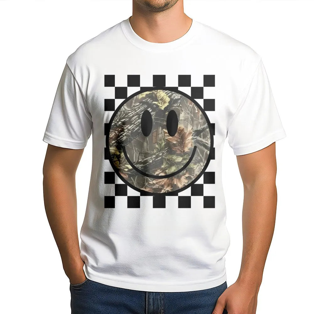 Camo Smiley Face T-Shirt | Checkerboard Graphic Print | Premium Soft Cotton | Western Cowgirl Gift for Her