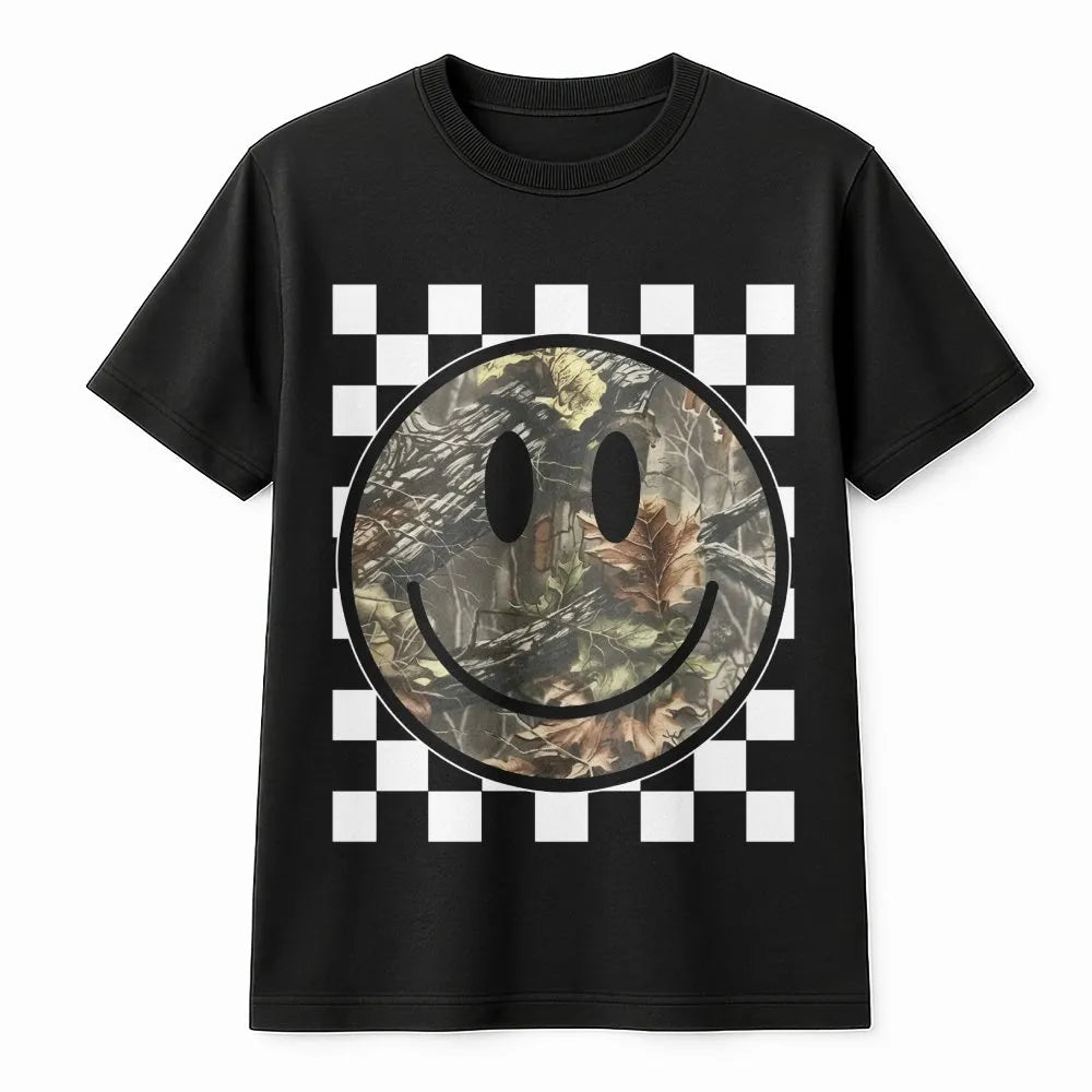 Camo Smiley Face T-Shirt | Checkerboard Graphic Print | Premium Soft Cotton | Western Cowgirl Gift for Her