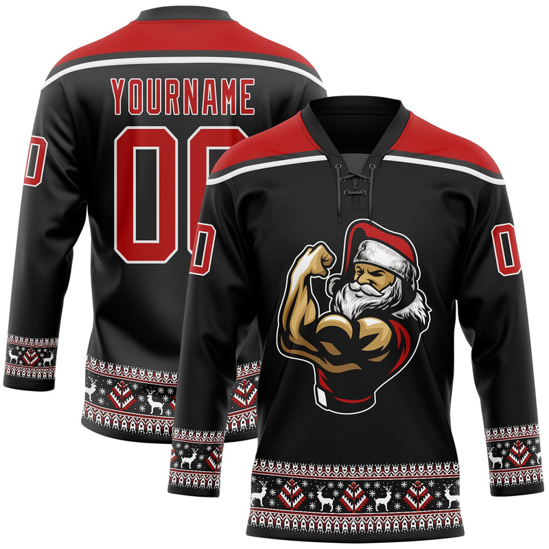 Custom Hockey Jersey - Black Red-White Christmas Santa Claus 3D Lace Neck