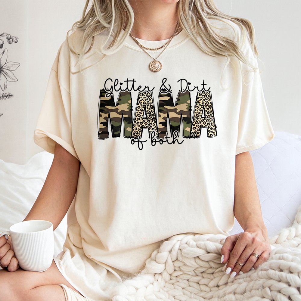 Glitter and Dirt Mama T-Shirt | Camo Leopard Print Graphic | Premium Soft Cotton | Funny Mom Gift for Her