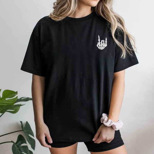 Skeleton Hand T-Shirt | Minimalist Rock On Chest Graphic | Premium Cotton Blend | Gift for Rock Music Fan