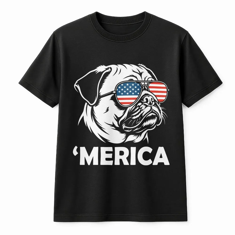 Funny Merica Pug Sweatshirt | Pug with American Flag Sunglasses | Cozy Unisex Pullover | Gift for Pug Owner