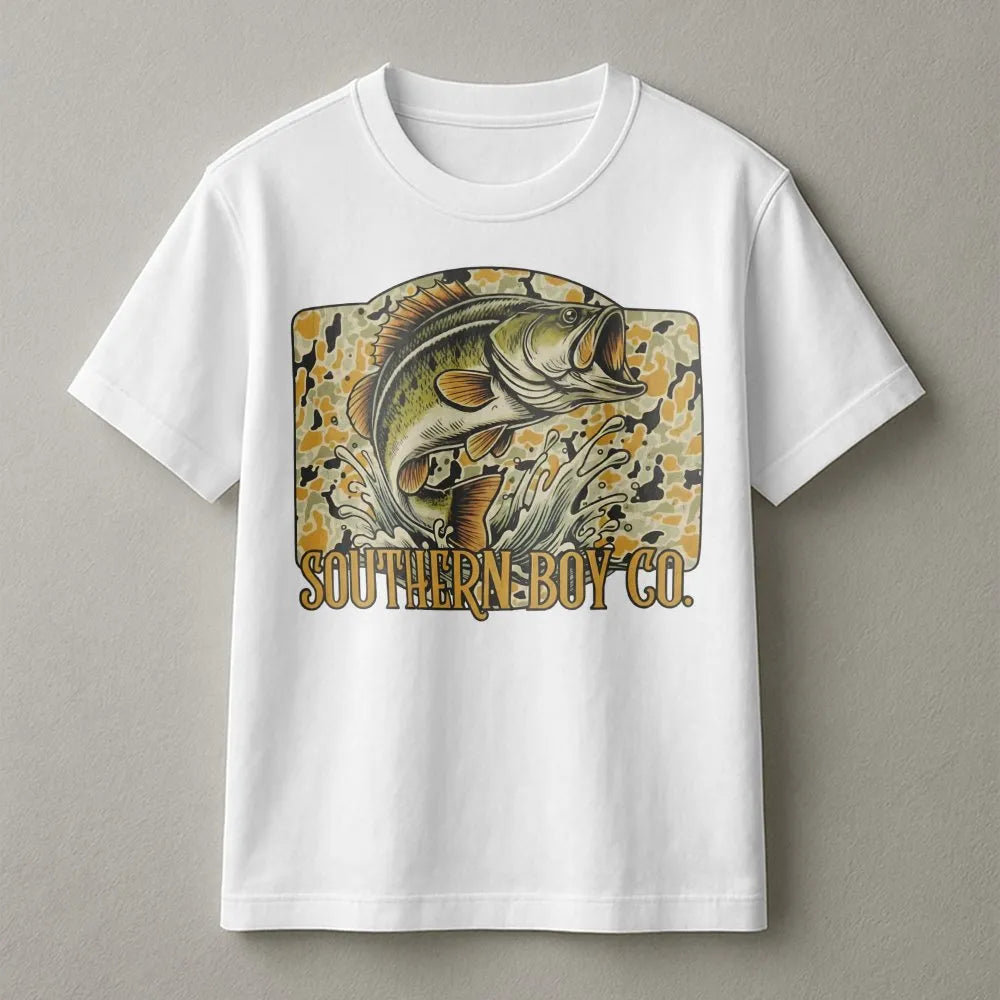 Bass Fishing T-Shirt | Camo Wildlife Graphic | Premium Soft Cotton | Outdoor Country Gift For Fisherman
