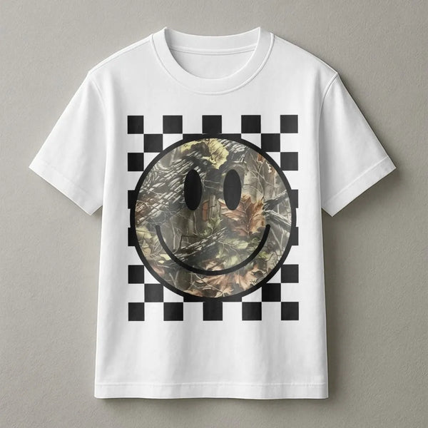 Camo Smiley Face T-Shirt | Checkerboard Graphic Print | Premium Soft Cotton | Western Cowgirl Gift for Her