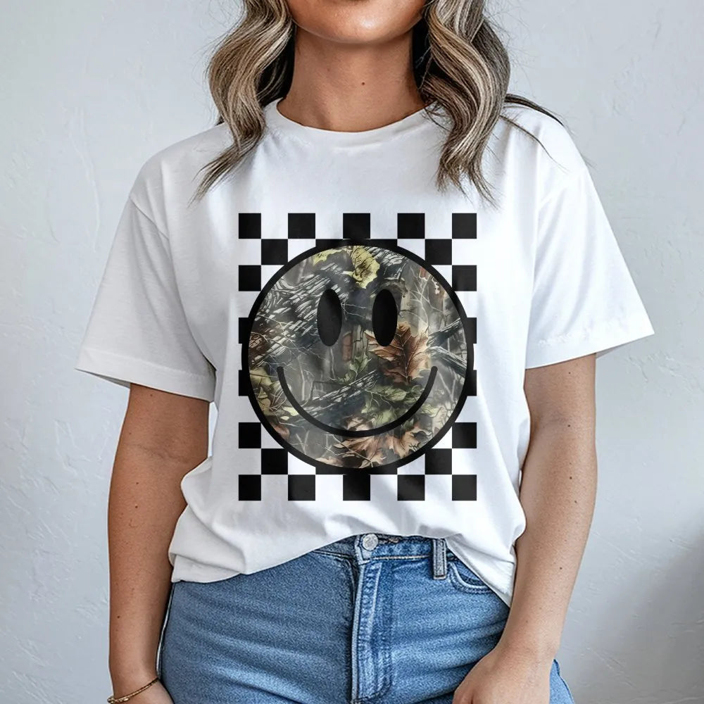 Camo Smiley Face T-Shirt | Checkerboard Graphic Print | Premium Soft Cotton | Western Cowgirl Gift for Her