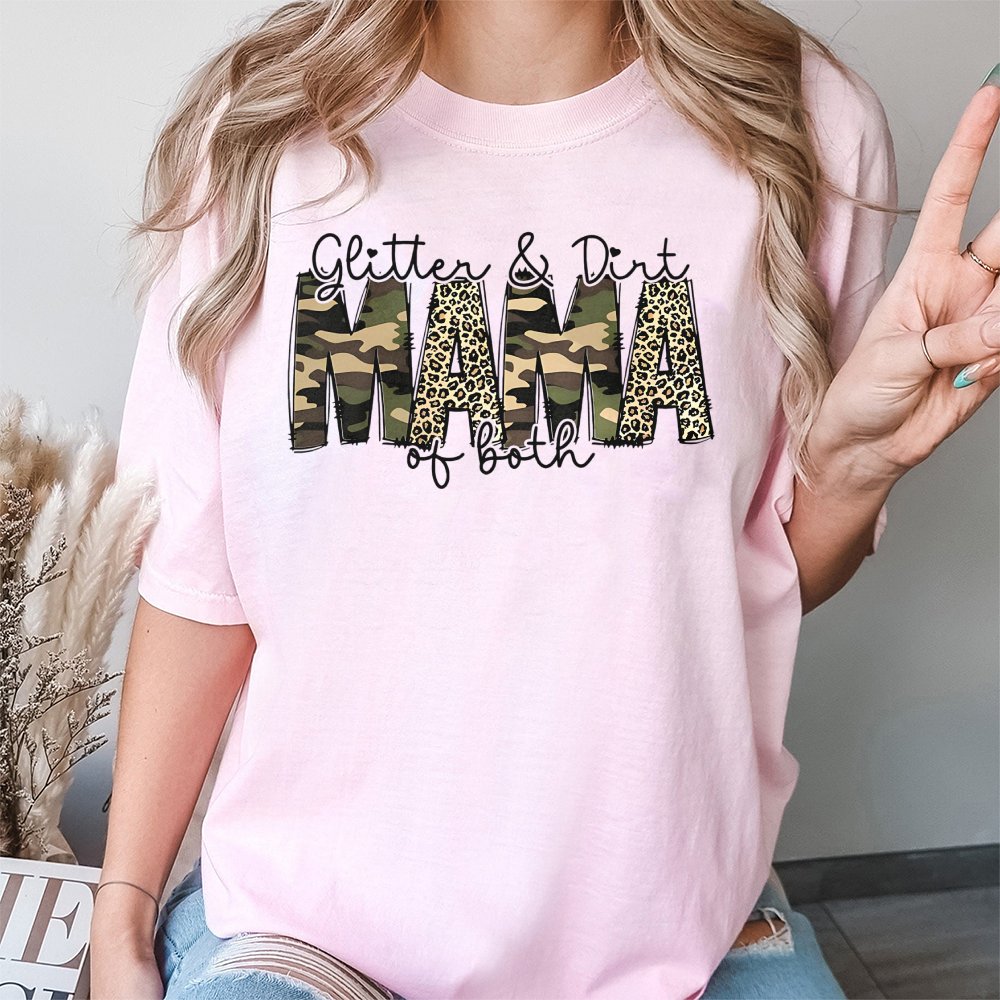 Glitter and Dirt Mama T-Shirt | Camo Leopard Print Graphic | Premium Soft Cotton | Funny Mom Gift for Her