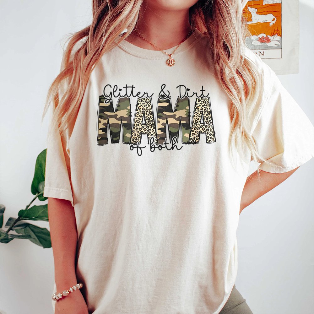 Glitter and Dirt Mama T-Shirt | Camo Leopard Print Graphic | Premium Soft Cotton | Funny Mom Gift for Her
