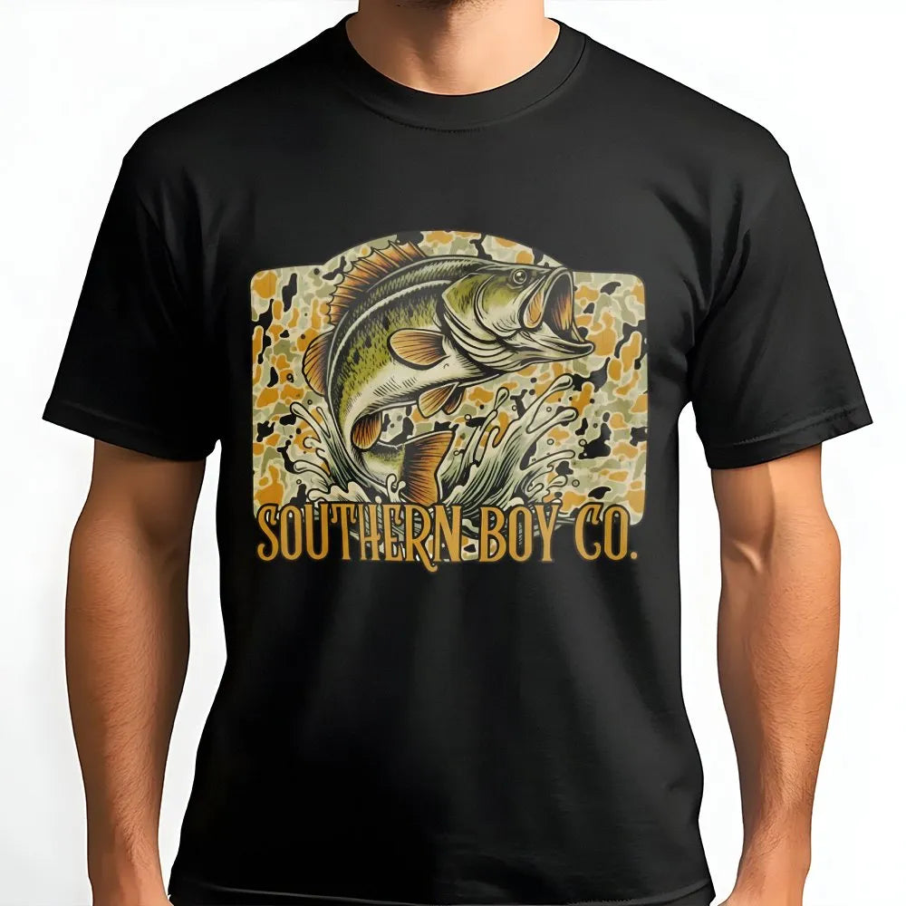 Bass Fishing T-Shirt | Camo Wildlife Graphic | Premium Soft Cotton | Outdoor Country Gift For Fisherman