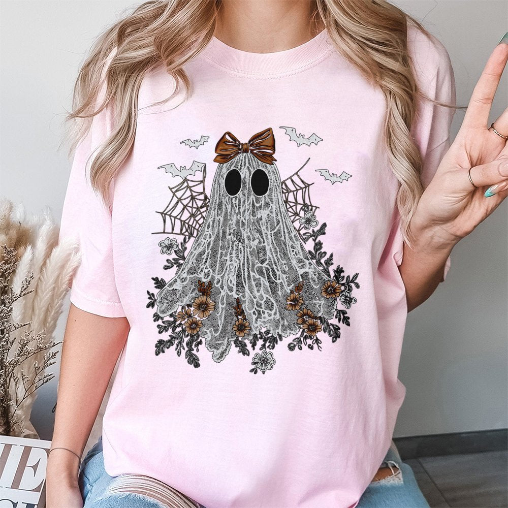 Lace Ghost T-Shirt | Cute Floral Halloween Design | Premium Soft Cotton | Spooky Aesthetic Gift for Women