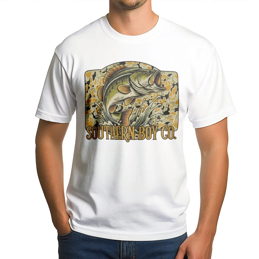 Bass Fishing T-Shirt | Camo Wildlife Graphic | Premium Soft Cotton | Outdoor Country Gift For Fisherman