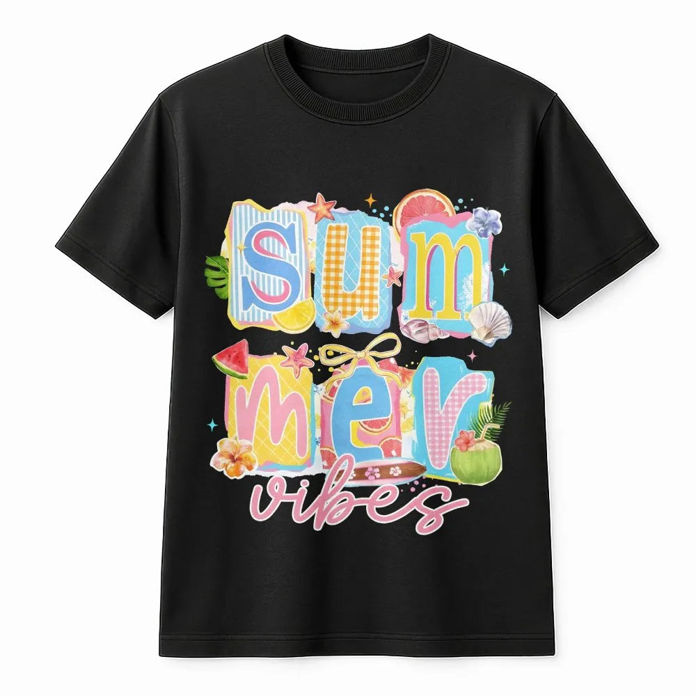 Summer Vibes T-Shirt | Retro Collage Beach Graphic | Soft Cotton Graphic Tee | Cute Vacation Gift for Women