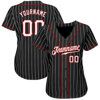 Custom Baseball Jersey - Black White Pinstripe White-Red Authentic