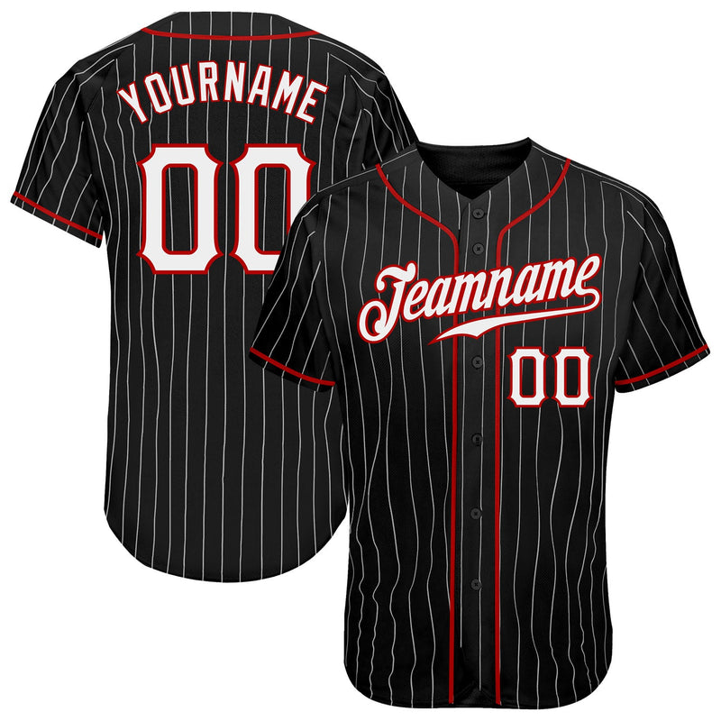 Custom Baseball Jersey - Black White Pinstripe White-Red Authentic