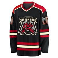 Custom Hockey Jersey - Black Vintage USA Flag Cream-Red