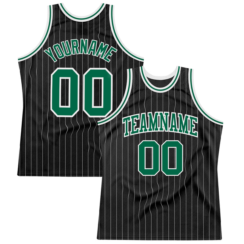 Custom Basketball Jersey - Black White Pinstripe Kelly Green-White Authentic