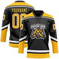Custom Hockey Jersey - Black Gold-White Lace Neck
