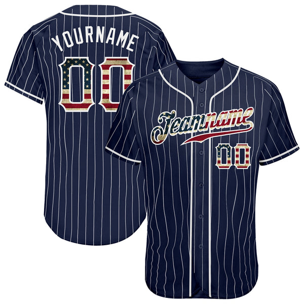 Custom Baseball Jersey - Navy White Pinstripe Vintage USA Flag-White Authentic