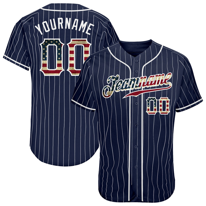 Custom Baseball Jersey - Navy White Pinstripe Vintage USA Flag-White Authentic