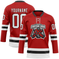 Custom Hockey Jersey - Red White-Black Lace Neck