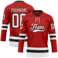 Custom Hockey Jersey - Red White-Black Lace Neck