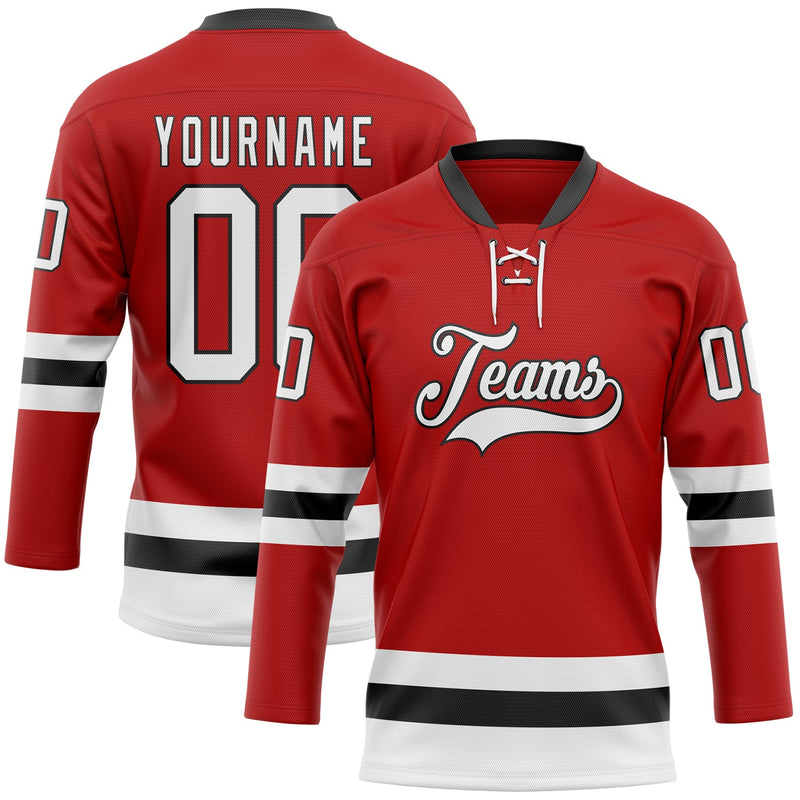 Custom Hockey Jersey - Red White-Black Lace Neck