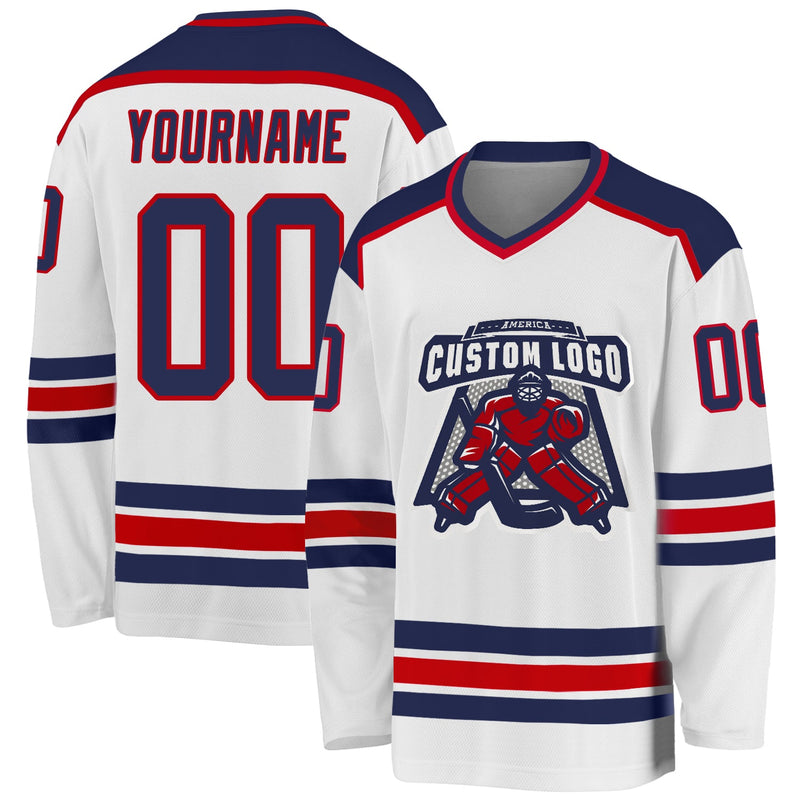 Custom Hockey Jersey - White Navy-Red
