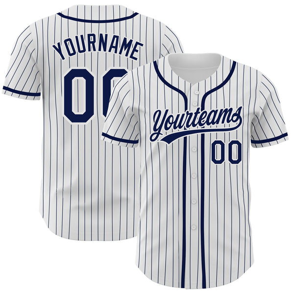 Custom Baseball Jersey - White Navy Pinstripe Navy Authentic