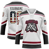 Custom Hockey Jersey - White Vintage USA Flag Black-Maroon Lace Neck