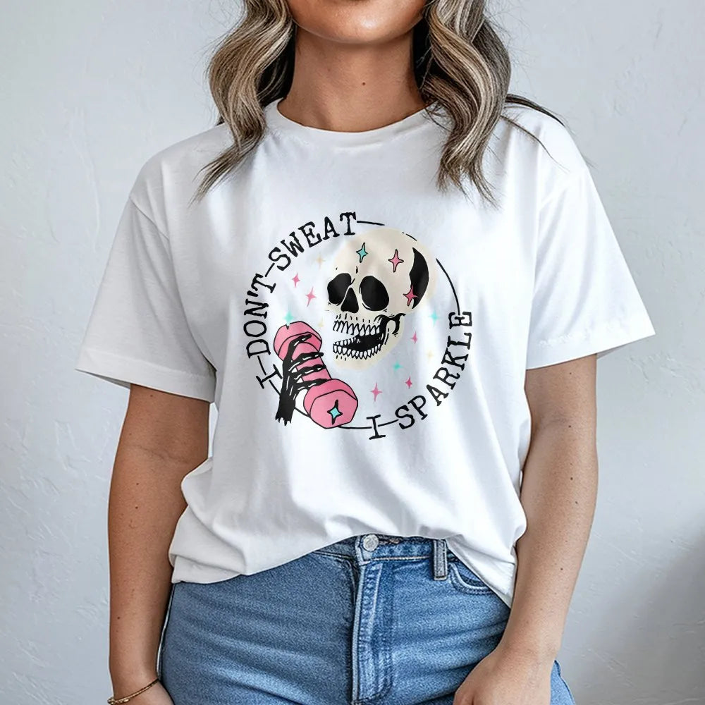 Funny Workout T-Shirt | I Don't Sweat I Sparkle Skull Graphic | Premium Cotton | Gift for Weightlifter Woman