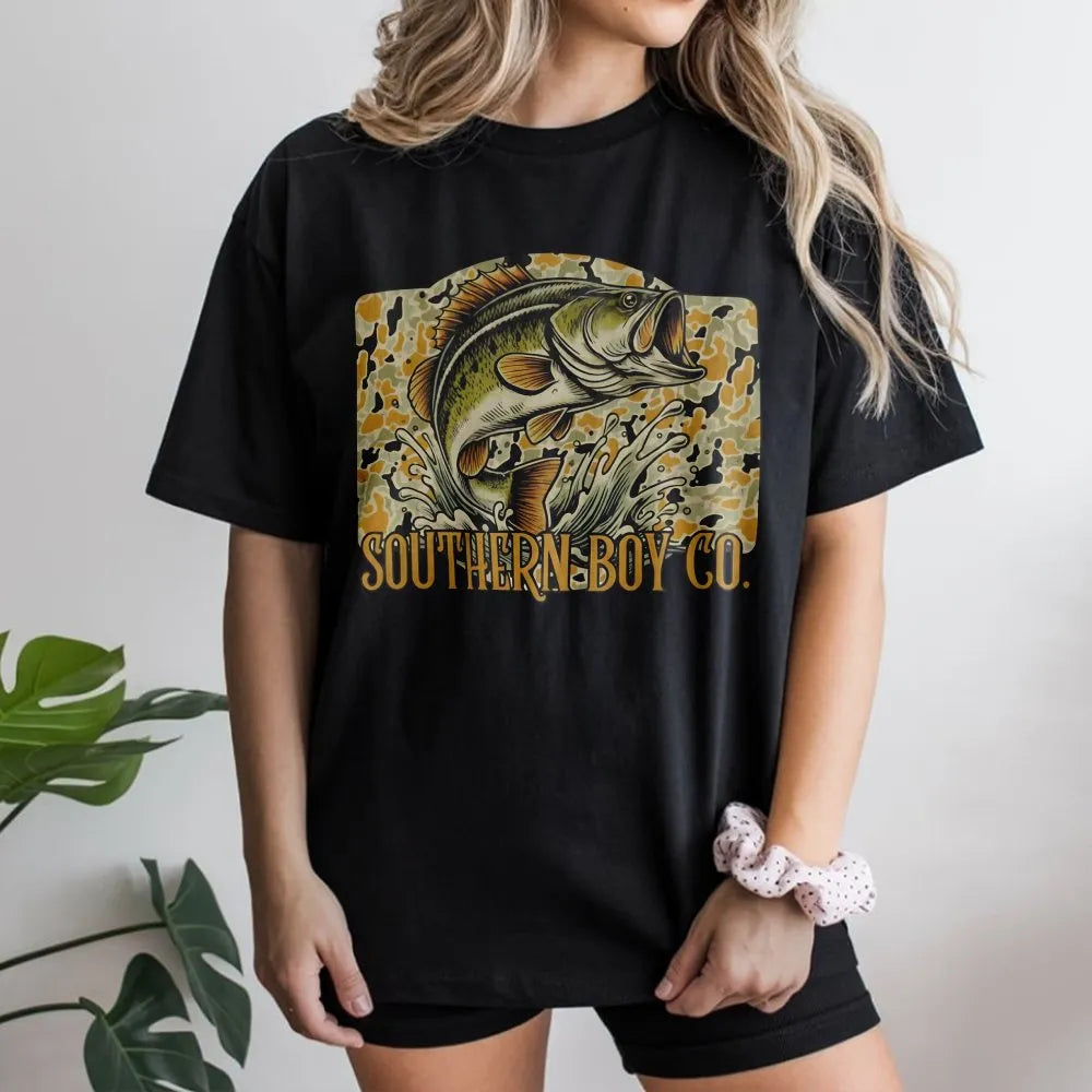Bass Fishing T-Shirt | Camo Wildlife Graphic | Premium Soft Cotton | Outdoor Country Gift For Fisherman