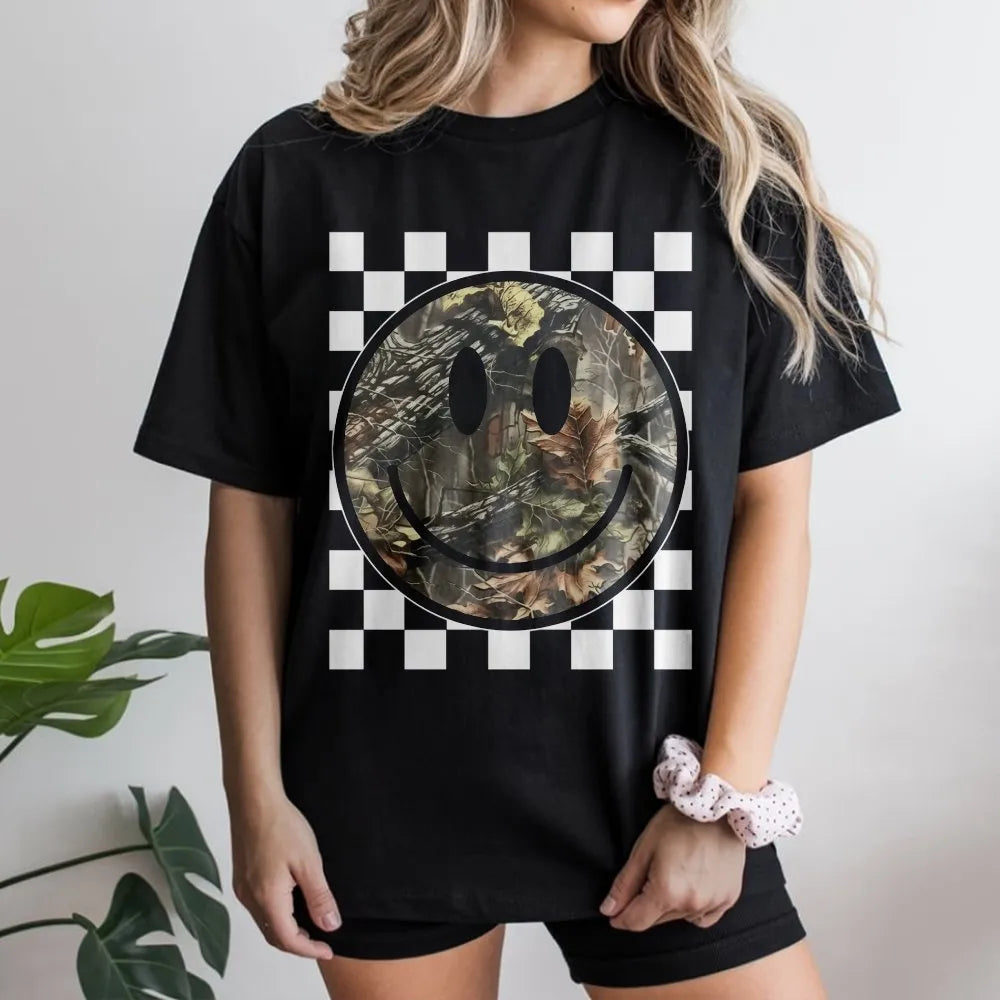 Camo Smiley Face T-Shirt | Checkerboard Graphic Print | Premium Soft Cotton | Western Cowgirl Gift for Her