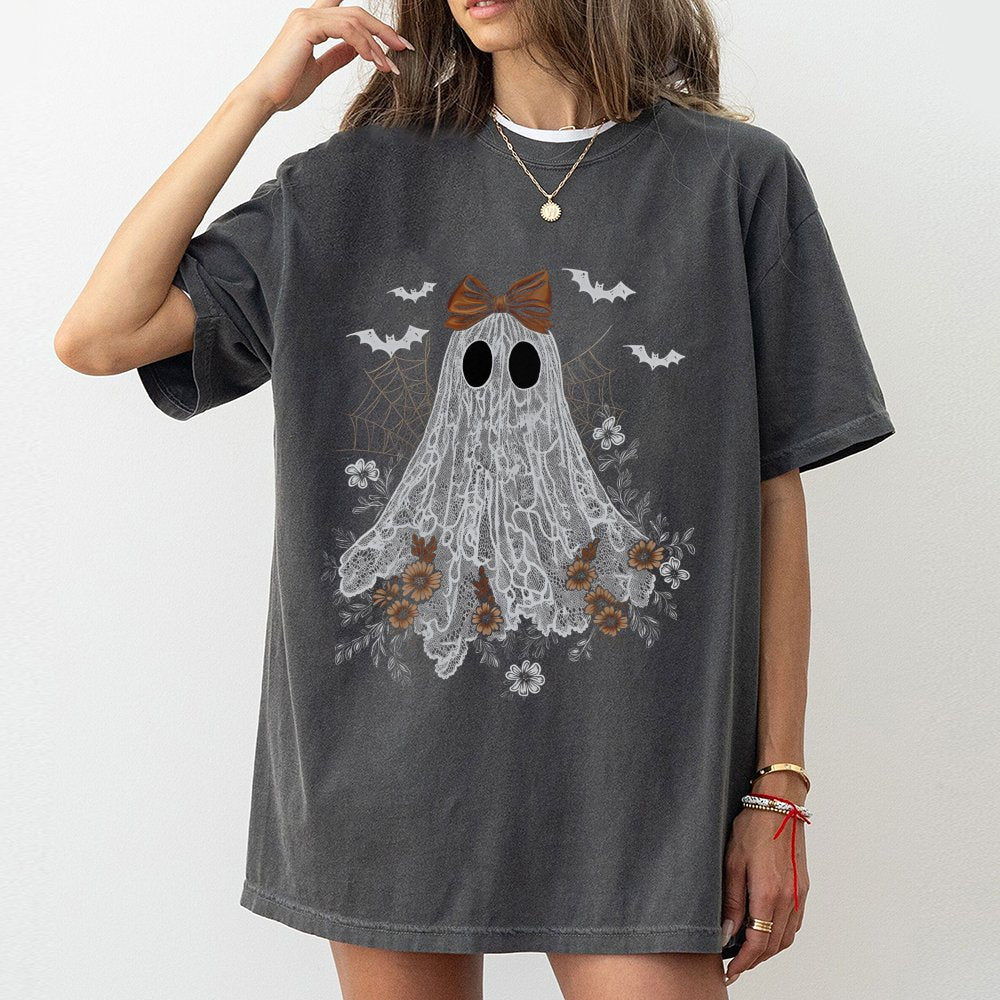Lace Ghost T-Shirt | Cute Floral Halloween Design | Premium Soft Cotton | Spooky Aesthetic Gift for Women