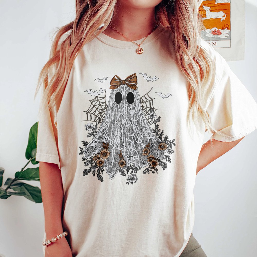 Lace Ghost T-Shirt | Cute Floral Halloween Design | Premium Soft Cotton | Spooky Aesthetic Gift for Women