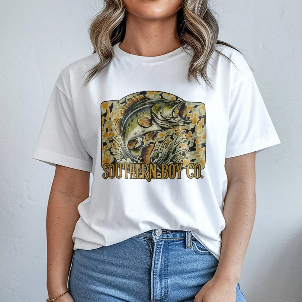 Bass Fishing T-Shirt | Camo Wildlife Graphic | Premium Soft Cotton | Outdoor Country Gift For Fisherman