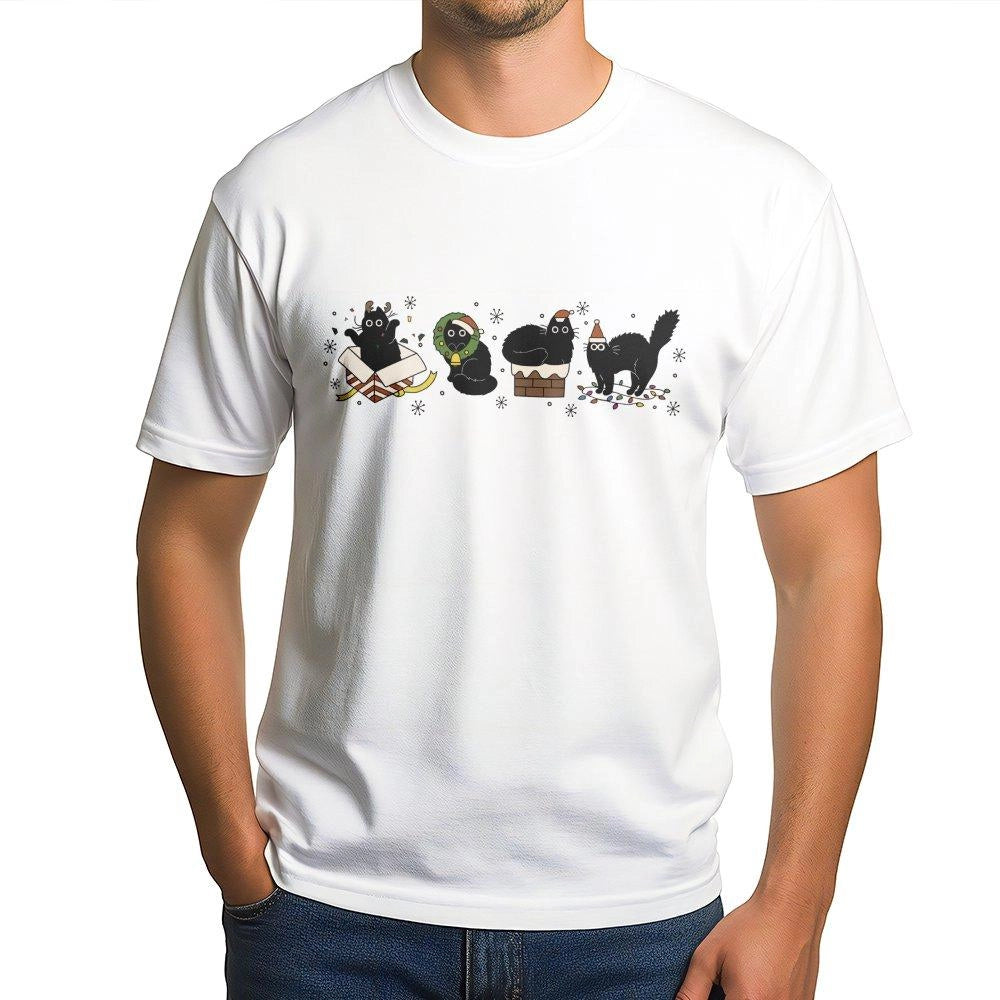 Christmas Black Cat T-Shirt | Festive Kittens Holiday Graphic | Premium Soft Cotton | Cat Mom Gift Idea