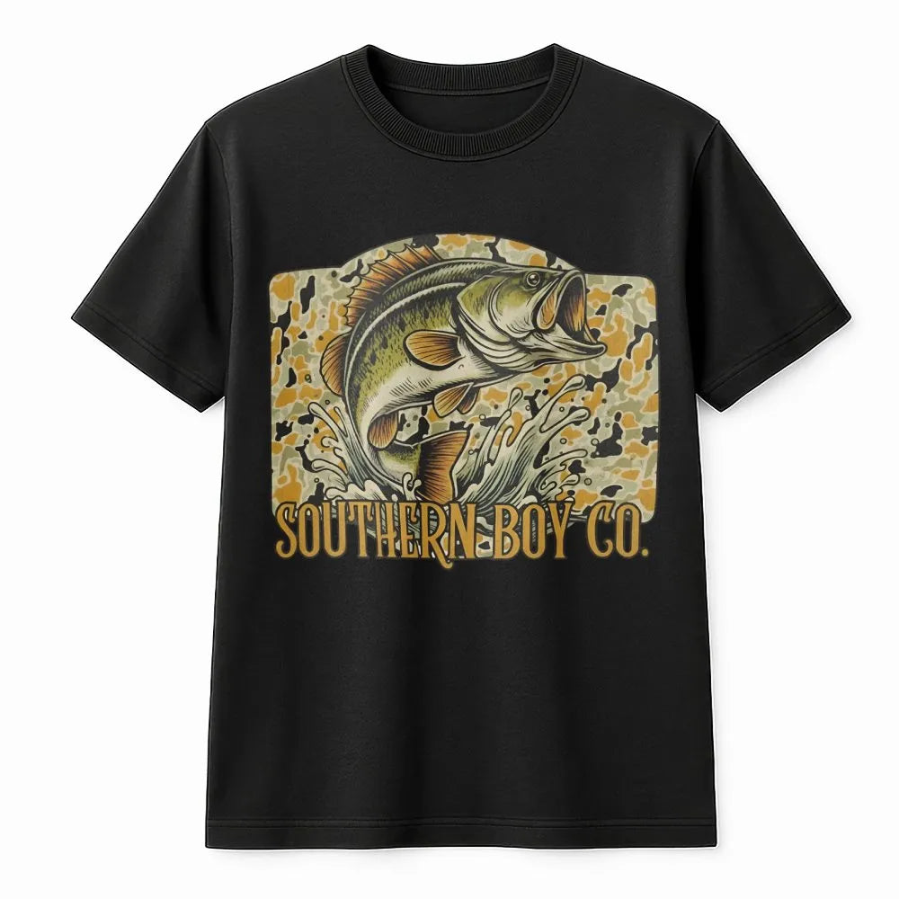 Bass Fishing T-Shirt | Camo Wildlife Graphic | Premium Soft Cotton | Outdoor Country Gift For Fisherman
