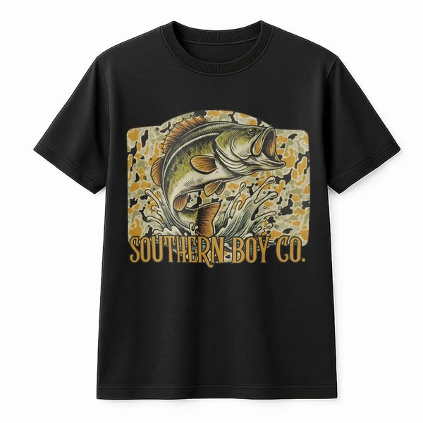 Bass Fishing T-Shirt | Camo Wildlife Graphic | Premium Soft Cotton | Outdoor Country Gift For Fisherman