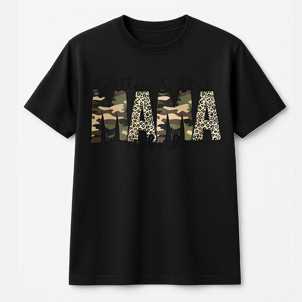 Glitter and Dirt Mama T-Shirt | Camo Leopard Print Graphic | Premium Soft Cotton | Funny Mom Gift for Her