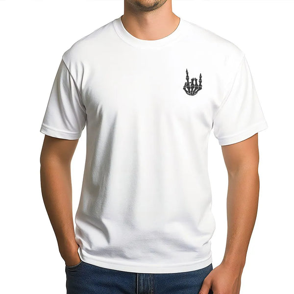 Skeleton Hand T-Shirt | Minimalist Rock On Chest Graphic | Premium Cotton Blend | Gift for Rock Music Fan