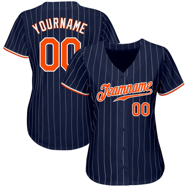 Custom Baseball Jersey - Navy White Pinstripe Orange-White Authentic