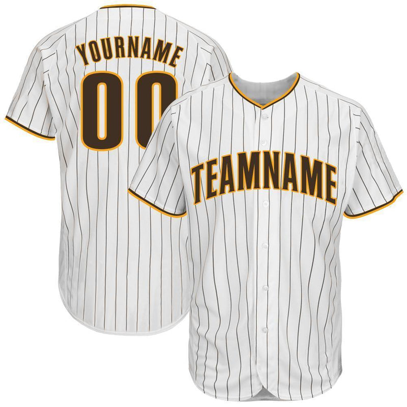 Custom Baseball Jersey - White Brown Pinstripe Brown-Gold