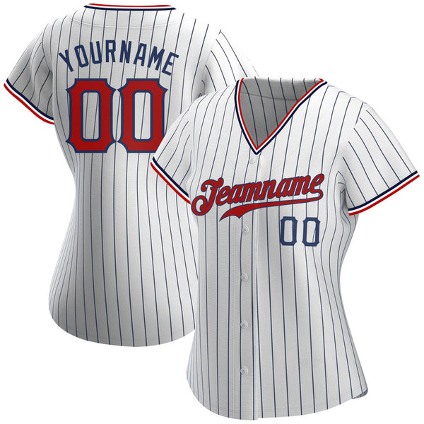 Custom Baseball Jersey - White Navy Pinstripe Red-Navy Authentic